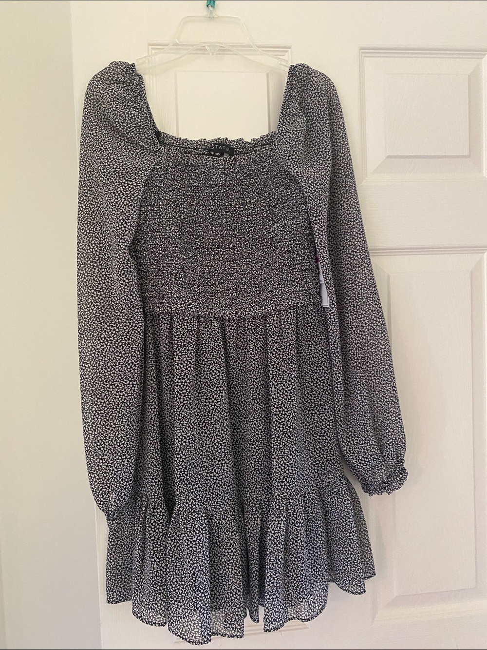 1. State Black & White Smocked Tiered Long-Sleeve Dress